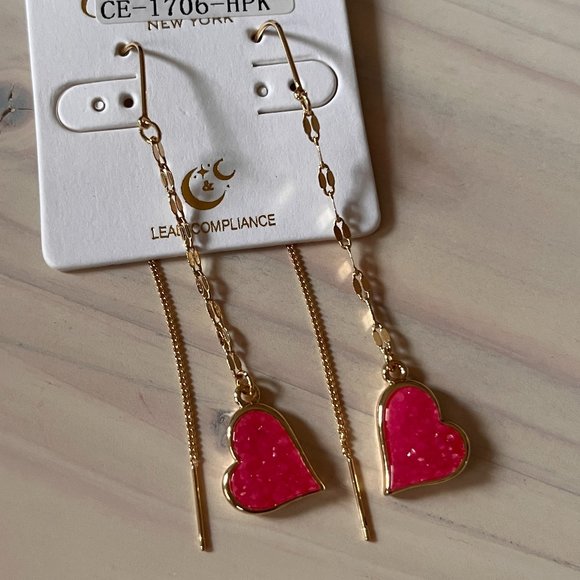Pink Druzy Heart Threader Earrings for Women - Sparkly Gold Long Chain Dangles - Picture 1 of 6